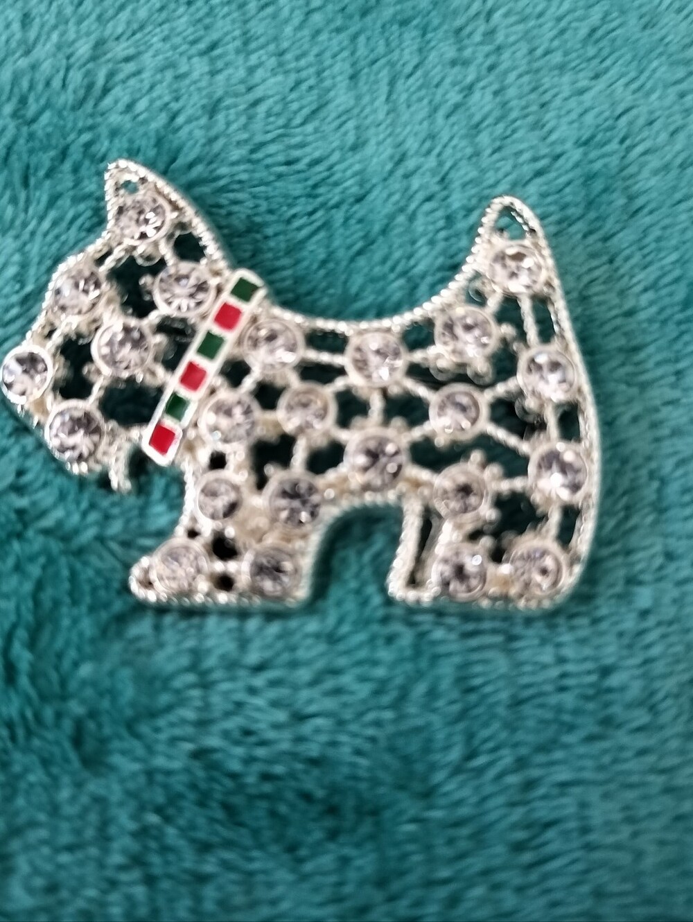 Vintage Silver Tone Rhinestone Scottie Dog Brooch Red & Green Enamel Collar